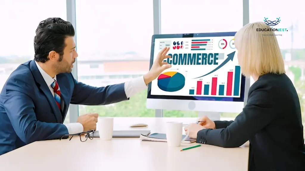 Business professionals discussing e-commerce growth strategies on a computer screen for building a Customer-Centric Business.
