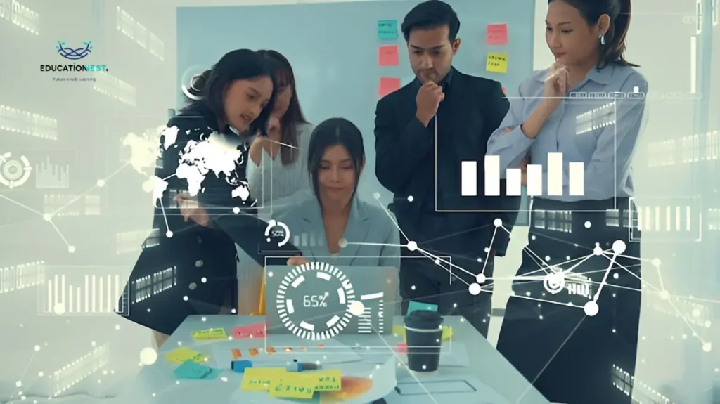 Group of business individuals engaged with a computer, examining graphs and icons focused on trends and innovations in project management.