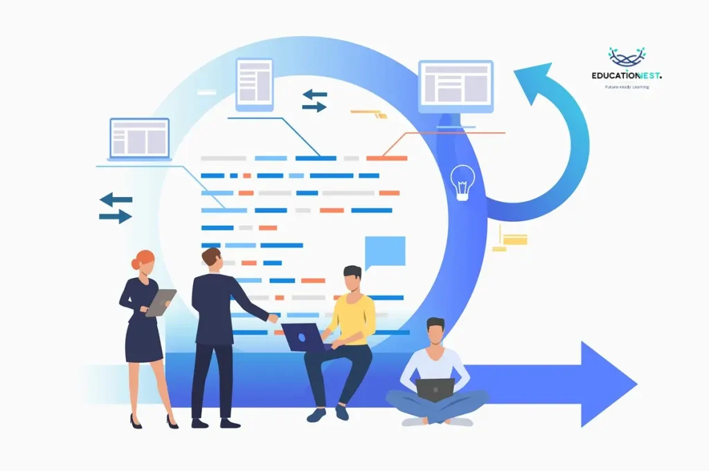 Illustration of a team collaborating with digital tools and agile workflows, representing Change Management in Projects and adaptive planning strategies.