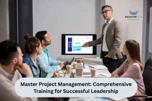 A man presents to an audience, discussing Master Project Management training for effective leadership skills.