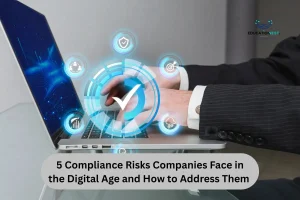 A person in a suit types on a laptop, symbolizing compliance risks in the digital age and strategies for addressing them.