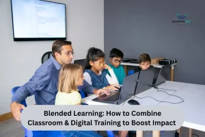 A group of children and adults at a table, engaged with laptops, discussing how to combine classroom & digital training.