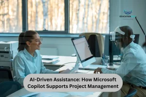 Two people at a desk with laptops, collaborating on project management tasks using Microsoft Copilot for AI-driven support.