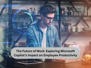 A man using a laptop in a futuristic setting, illustrating the impact of Microsoft Copilot on employee productivity.