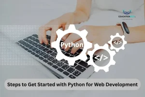 A person typing on a laptop screen filled with Python for Web Development code, focused on building and designing dynamic web applications.