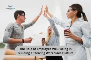 Three office workers giving a high five, symbolizing teamwork and the importance of employee well-being in the workplace.