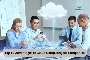 Business team gathered around a table, with a screen illustrating the advantages of cloud computing in the background.