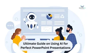 A group of people seated at a table, engaging with a robot displayed on a screen, discussing AI for PowerPoint presentations.