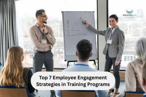 A man and woman present to an audience on employee engagement strategies in training programs.