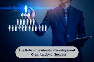 Businessman in a suit holds up a pyramid of people, symbolizing leadership development's role in organizational success.