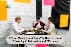 Three individuals collaborate at a table covered with sticky notes, discussing team management tools for improved efficiency.