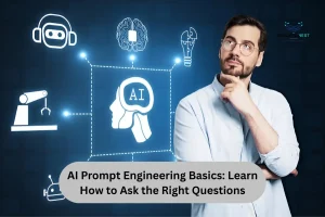 Man with an AI brain icon on a blue background, representing concepts in AI prompt engineering and effective questioning.
