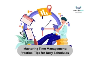 A man on a clock with a laptop and other items, representing practical tips for mastering time management in busy schedules