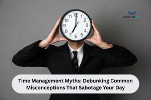 A man in a suit holds a clock, symbolizing time management myths and misconceptions that hinder productivity.