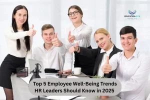 Young business team members enthusiastically giving thumbs up, representing support for employee well-being trends in 2025.