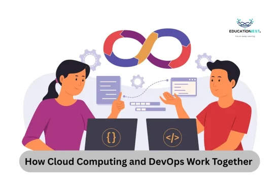 Illustration showing developers collaborating with laptops, DevOps infinity loop, and coding icons—representing how cloud computing and DevOps work together.