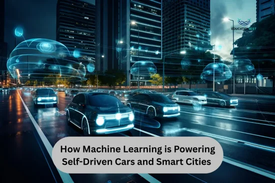 Self-driving cars equipped with digital sensors navigating a smart city at night, showcasing how Machine Learning is Powering Self-Driven Cars and Smart Cities.