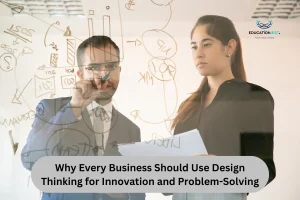 Two individuals stand before a glass wall featuring a drawing, discussing design thinking for business innovation.