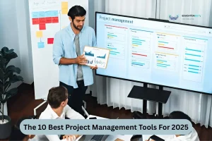 A man stands before a large screen displaying a presentation on project management tools.