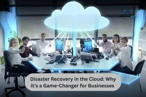 A group of people at a table discussing disaster recovery strategies, with a cloud symbolizing cloud computing above them.