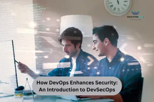 Two men working at a desk with laptops, discussing how DevOps enhances security in their projects.