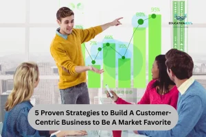 Team collaborating and analyzing growth charts to create a successful Customer-Centric Business with data-driven strategies.