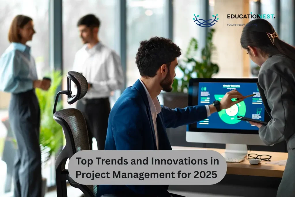 Business professionals collaborating in an office setting, discussing trends and innovations in project management.