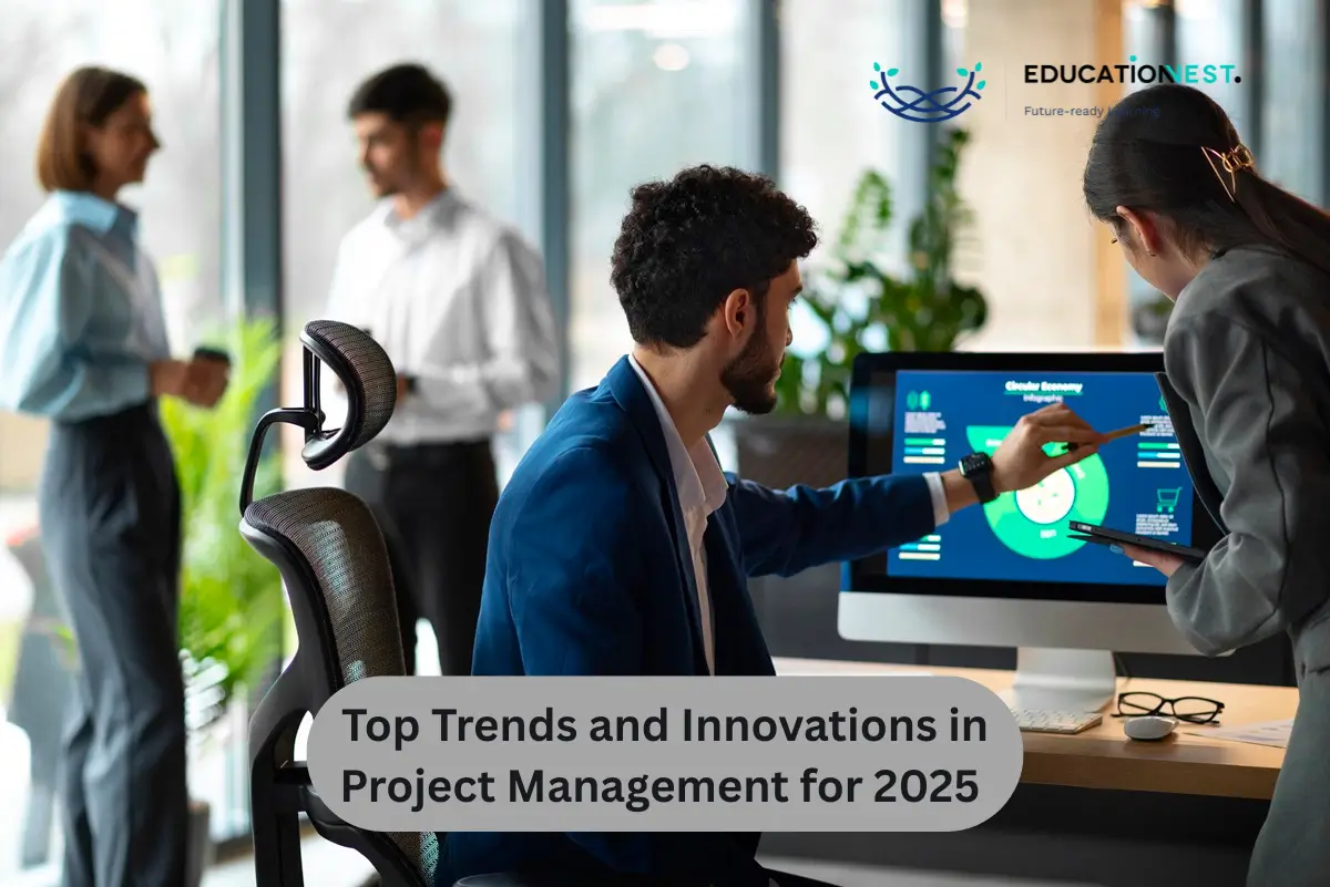 Business professionals collaborating in an office setting, discussing trends and innovations in project management.