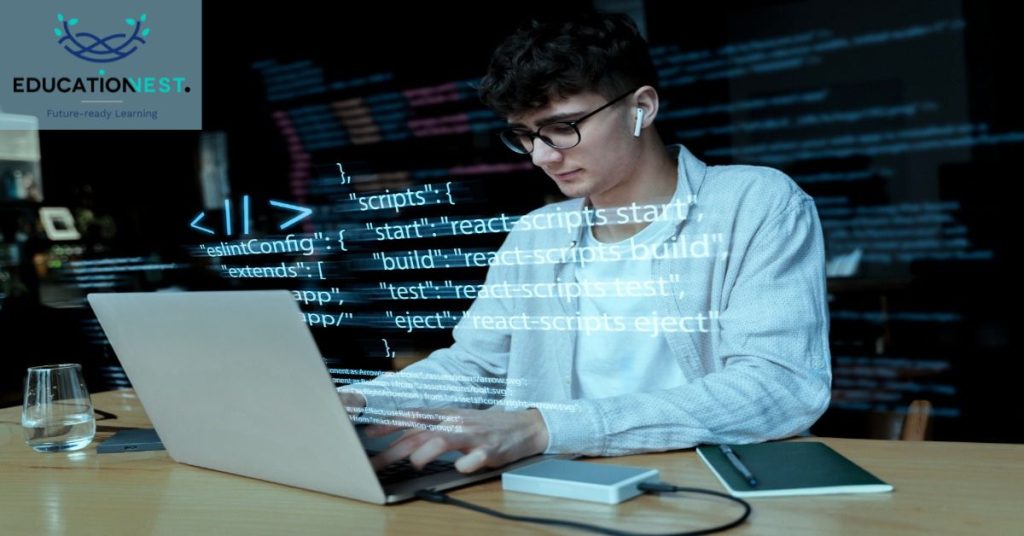 A man building APIs with Python while coding on a laptop.