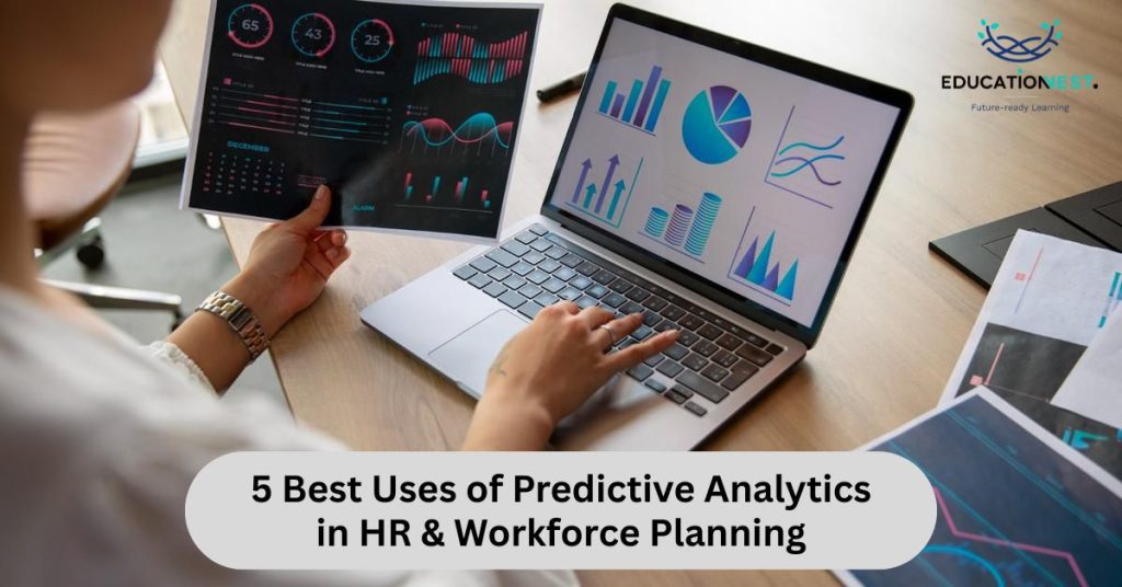 A visual representation of predictive analytics in HR, including data charts and symbols that highlight workforce planning strategies.