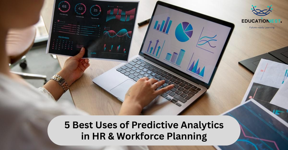 A visual representation of predictive analytics in HR, including data charts and symbols that highlight workforce planning strategies.