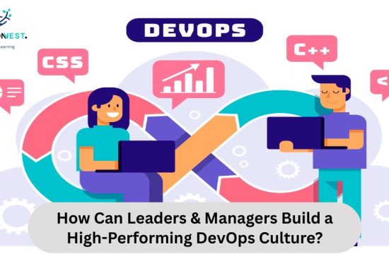 Visual representation of building a high-performing DevOps culture, emphasizing serverless solutions for leaders and managers.
