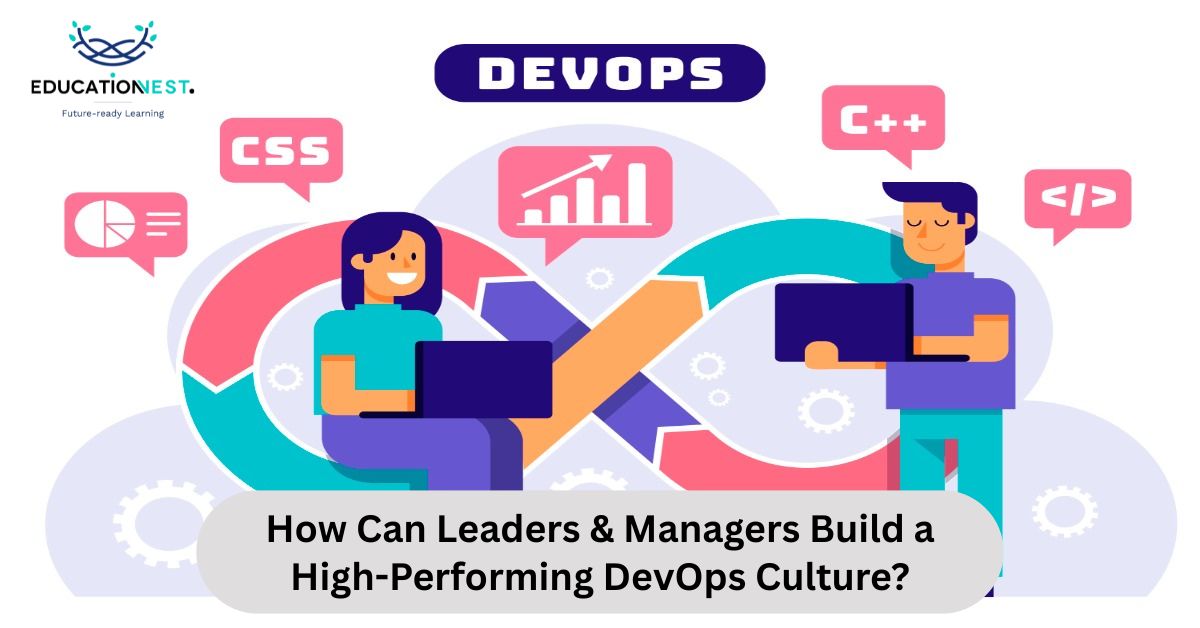 Visual representation of building a high-performing DevOps culture, emphasizing serverless solutions for leaders and managers.