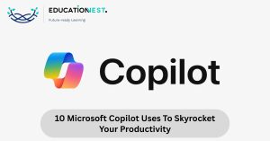 Graphic illustrating 10 ways to utilize Microsoft Copilot for increased productivity