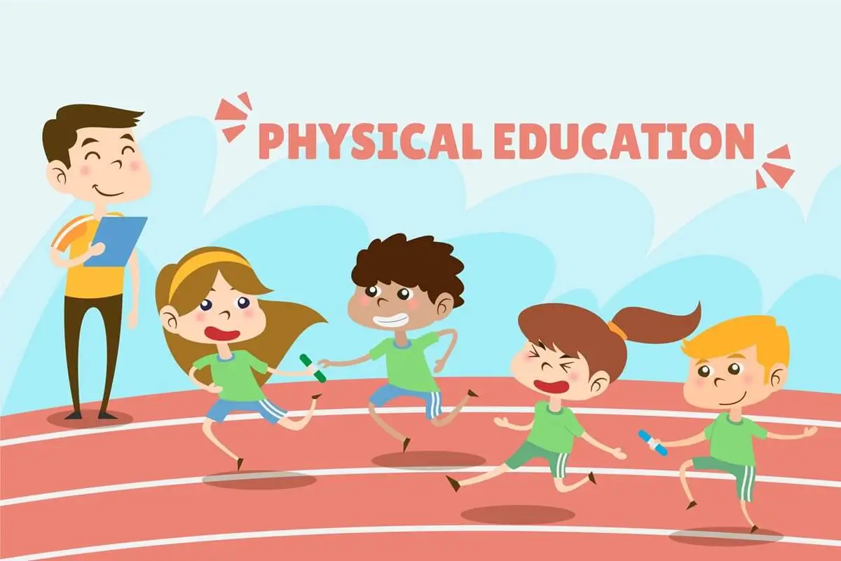 Physical education teacher leading children in a running activity on the track, highlighting the importance of fitness and teamwork.