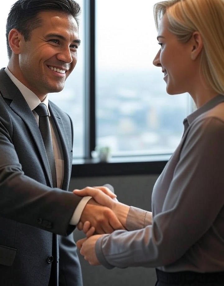 A close-up of two people shaking hands, symbolizing trust and respectful connection in a modern setting.