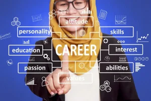 Woman pointing to various career icons, illustrating essential skills for every employee in a professional setting.