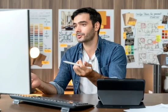 A man sits at a desk with a computer and a pen, focused on corporate KPIs displayed on the screen.