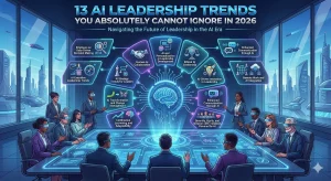 Visual summary of "15 Must-Know Leadership Trends for 2026," highlighting key AI leadership developments.