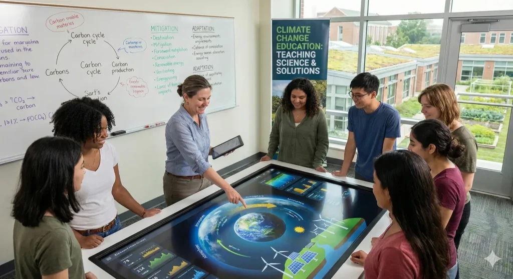 A group of people engaged around a large interactive table focused on Climate Change Education.