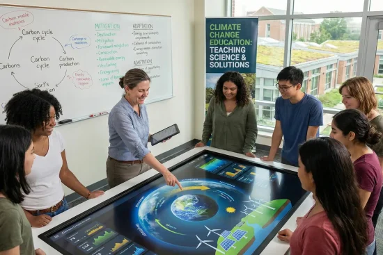 A group of people engaged around a large interactive table focused on Climate Change Education.