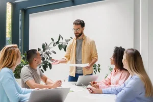 A man presents to colleagues during a Leadership Development Training session.